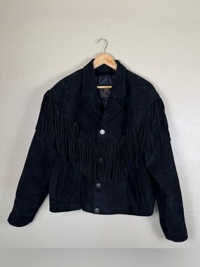 Vintage Byrnes & Baker Black Suede Leather Fringe Concho Jacket Women's Size S